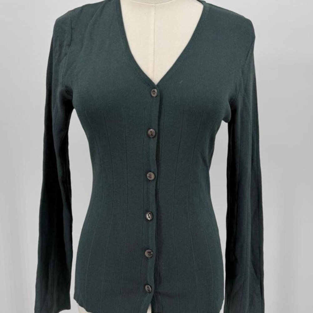 Finity Petite Green Ribbed Long Sleeve Button Up Cardigan Sweater PL
